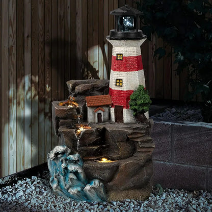 23" H Lighthouse Outdoor Water Fountain, Freestanding  with Rotating Led Light, 4-Tier Modern Water Feature