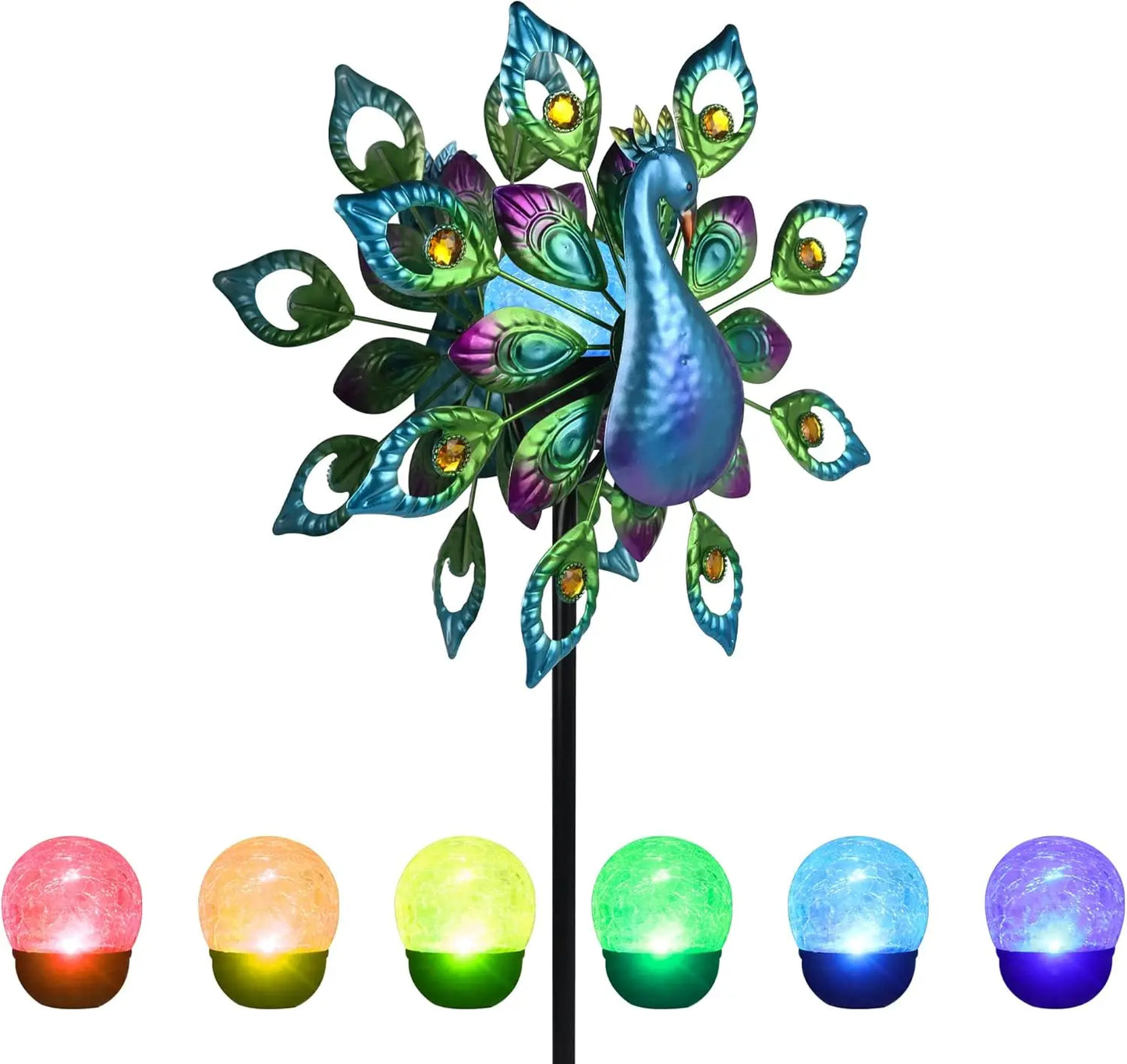 Peacock Solar Wind Spinner 62Inch Double Wind Sculpture with Color Changing LED Light  Yard Spinners
