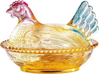 Glass Hen on Nest Candy Dish with Lid, Pastoral  Candy Bowl  with Lid,Muti-Color