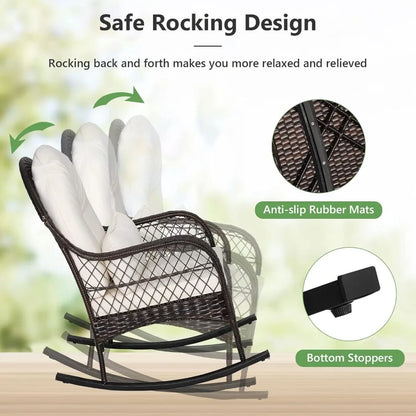 Patio Wicker Rocking Chair, Outdoor Rocker with Seat and Back Cushion, Waist Pillow, Armrests, Garden Chair