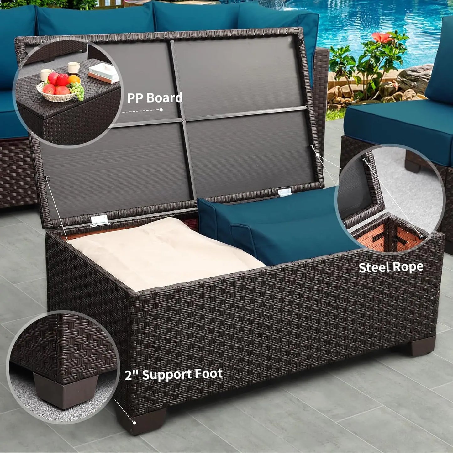 Outdoor Storage Table Wicker Patio Coffee Table with Waterproof Cover, Brown