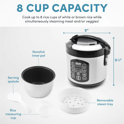 4-Cup Digital Rice Cooker & Multicooker with Steamer, Slow Cook 2 Qt Stainless Steel