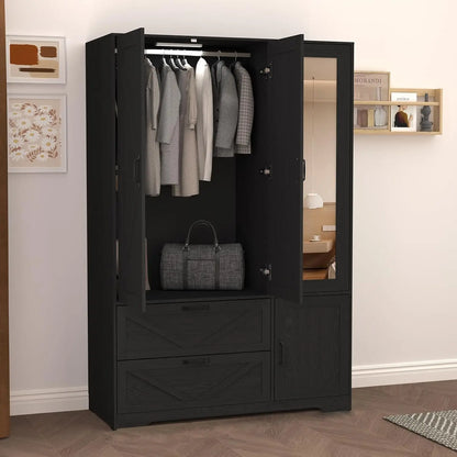 3 Door Armoire Wardrobe Closet with 2 Drawers, Hanging Rod & Lights,,