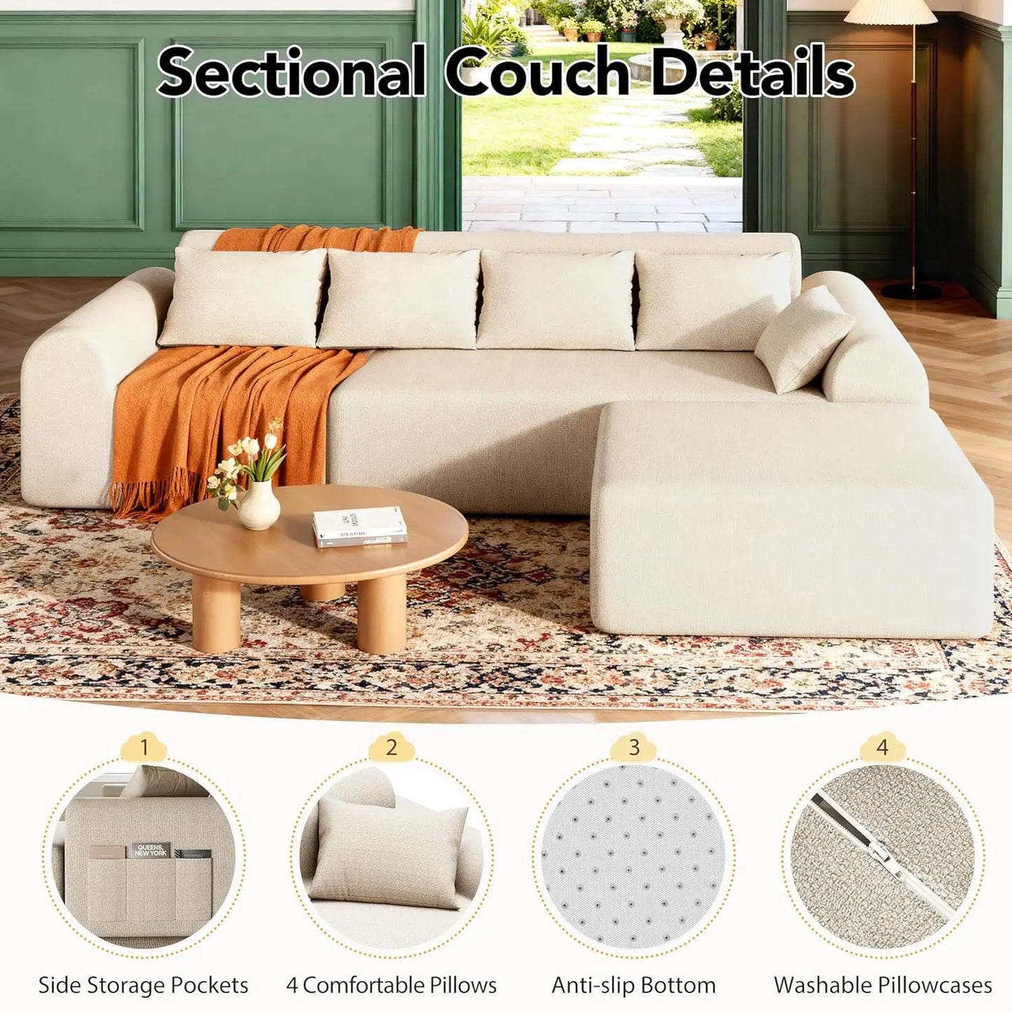 Cloud Boneless Sectional Sofa for Living Room, 4-Seater L-Shaped Comfy Couch with Ottoman, 4 Pillows, Deep, Customized