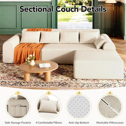 Cloud Boneless Sectional Sofa for Living Room, 4-Seater L-Shaped Comfy Couch with Ottoman, 4 Pillows, Deep, Customized
