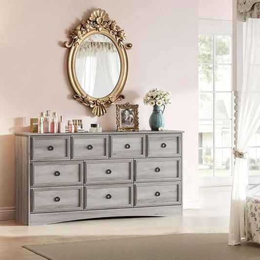 10-Drawer Bedroom Dresser with Textured Frame, 6 Deep, Gray, for Living Room or Bedroom Storage