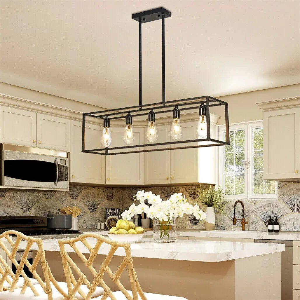 Vrygle Industrial 5-Bulb Ceiling Lamp Black Kitchen Island Chandelier  Farmhouse Furniture