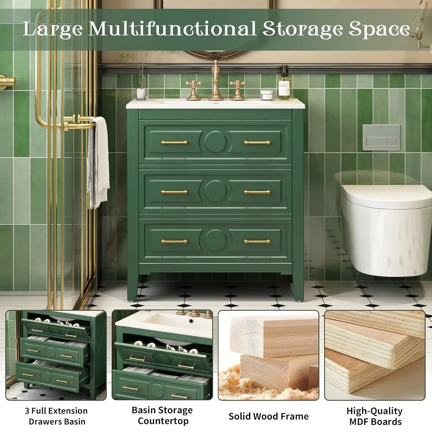 30in Solid Wood Bathroom Vanity Ceramic Sink Storage Cabinet