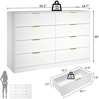 Fluted Dresser for Bedroom with 8 Drawer, 55”  Double Drawer Dresser