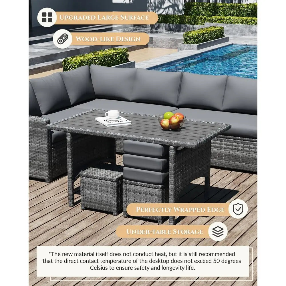 All-Weather Grey Rattan Outdoor Patio Furniture Set with Sectional Sofa, Dining Table, Chairs, and Ottoman
