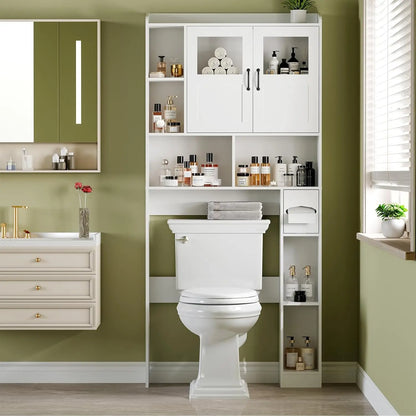 Over Toilet Storage Cabinet With Glass Door, 67.4" Adjustable Bathroom Organizer, Freestanding Cabinet