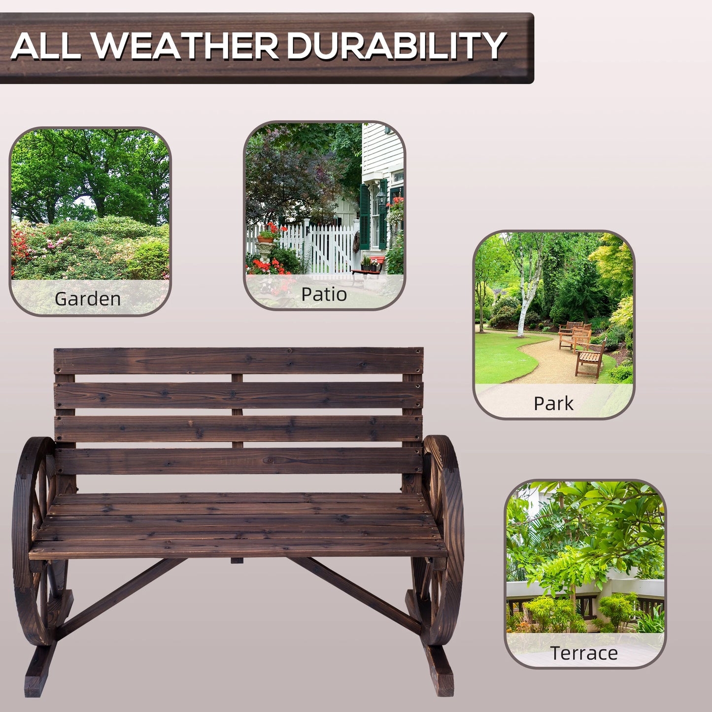 Outdoor Rustic Fir Wood Bench with Wagon Wheel Armrests Weather Resistant 550 Lbs Capacity 2 Seater