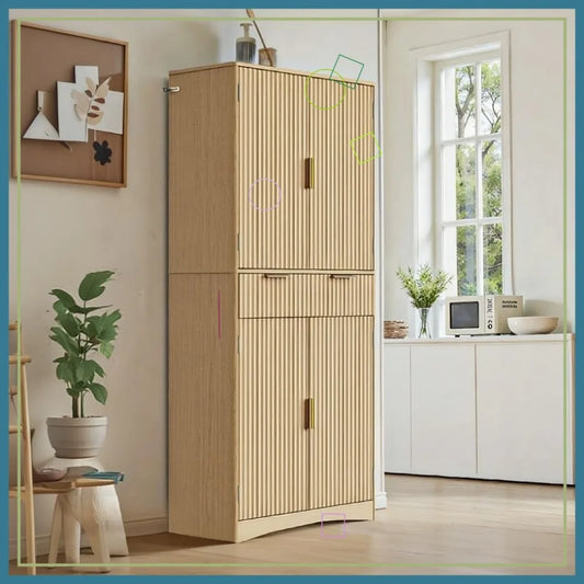 72" Tall Fluted Pantry Cabinet with Adjustable Shelves,  - Natural Oak Kitchen Storage