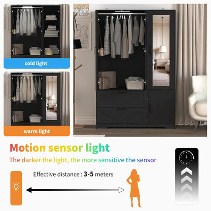 3 Door Armoire Wardrobe Closet with 2 Drawers, Hanging Rod & Lights,,