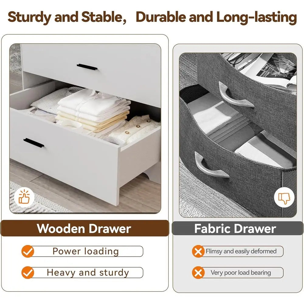 Wooden 6-Drawer Cabinet with Power Outlets and Large White Storage Organizer for Closets, Bedrooms, and Hallways