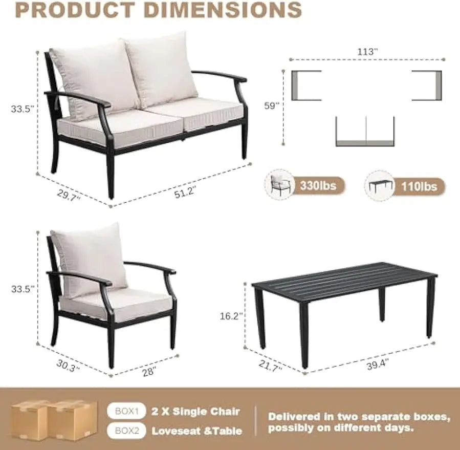 4-Piece Patio Furniture Set, Wider Outdoor Metal Seating Sofa with High Back & Loveseat, Coffee Table