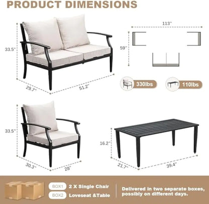 4-Piece Patio Furniture Set, Wider Outdoor Metal Seating Sofa with High Back & Loveseat, Coffee Table