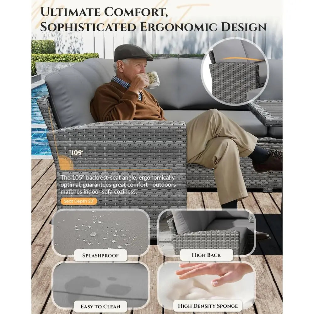 All-Weather Grey Rattan Outdoor Patio Furniture Set with Sectional Sofa, Dining Table, Chairs, and Ottoman