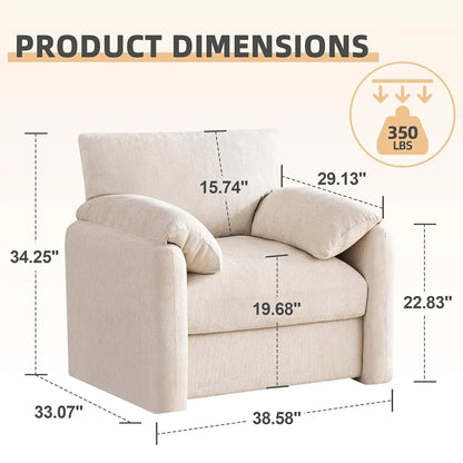 38.6in Chenille Oversized Armchair Mid-Century Upholstered Living Room Bedroom Beige