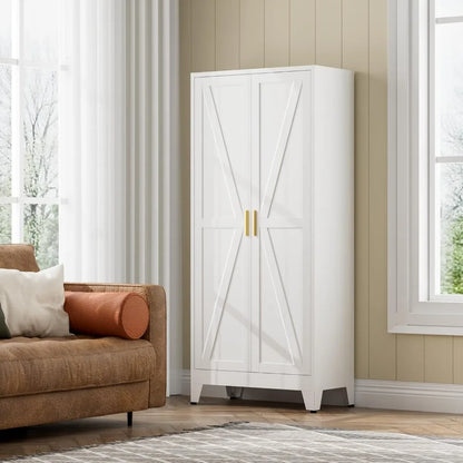 Exquisite White Farmhouse Storage Pantry Cabinet with 2 Barn Door, 3 Adjustable Shelves and Legs, Cupboard/Dining Ro