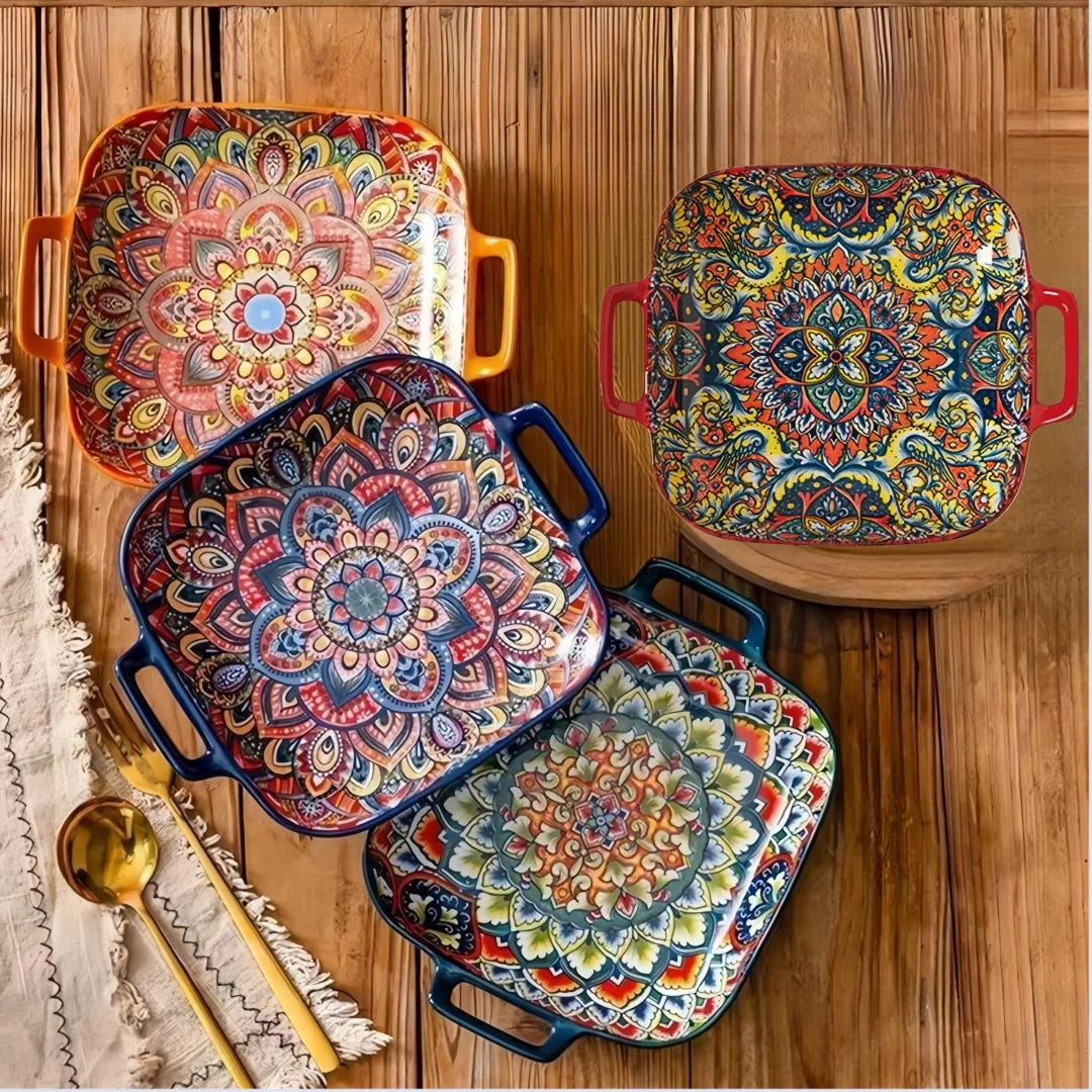 Bohemian double ear square ceramic plate
