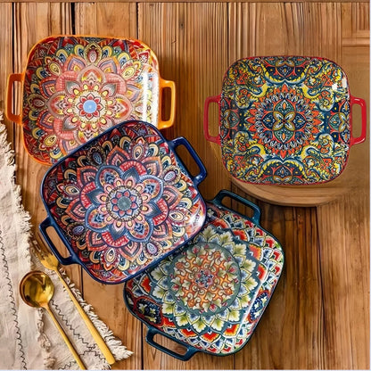 Bohemian double ear square ceramic plate