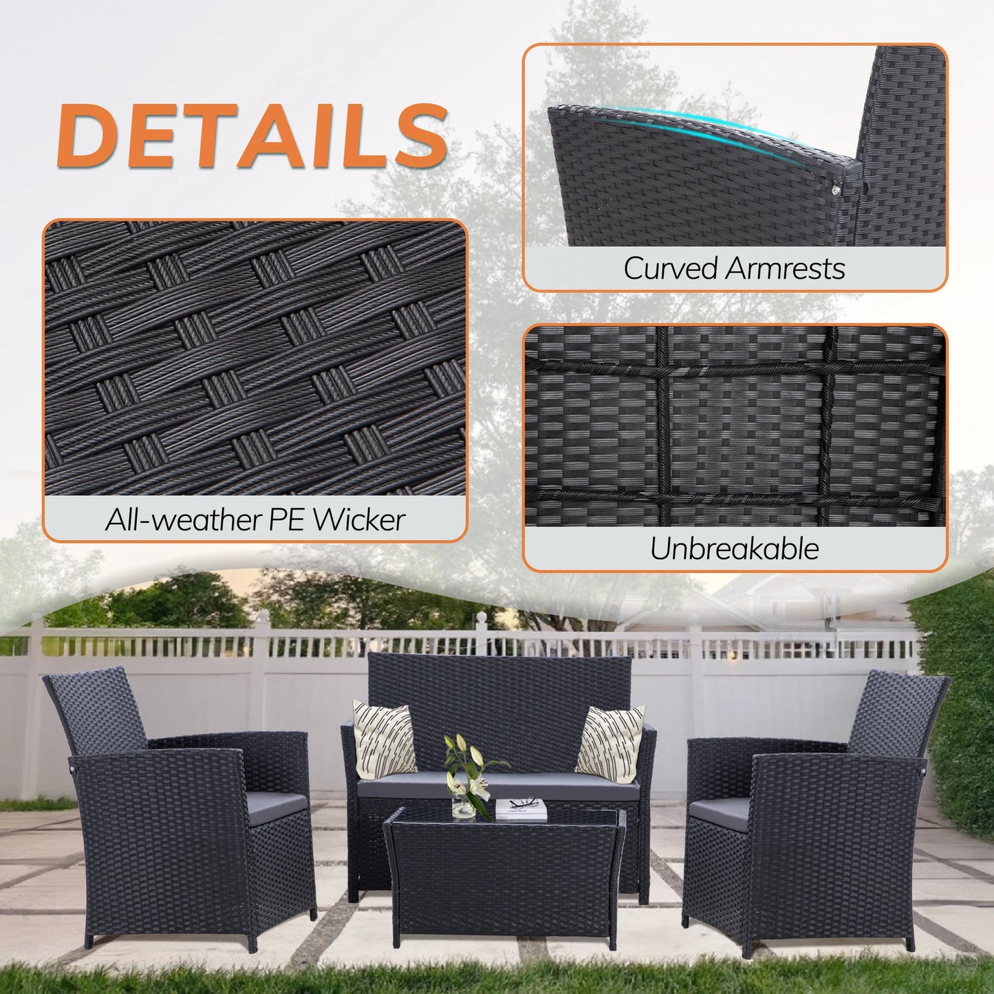 4 Piece Patio Furniture Set, , Rattan Sectional Sofa Couch with Coffee Table & Seat Cushions for