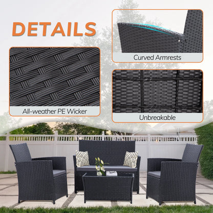 4 Piece Patio Furniture Set, , Rattan Sectional Sofa Couch with Coffee Table & Seat Cushions for