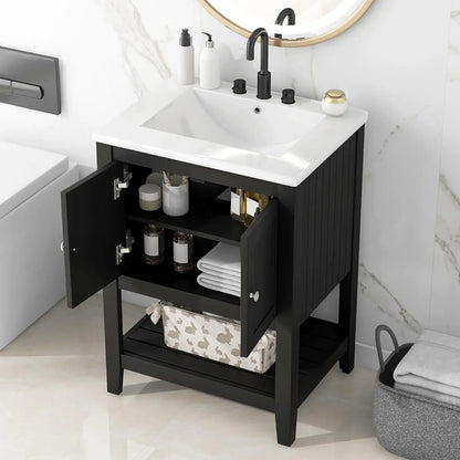 24 Inch Bathroom Vanity Sink Cabinet Solid Wood Door Open Shelf