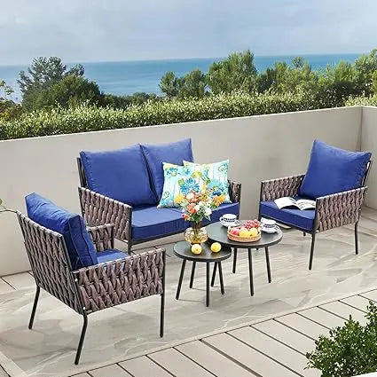 4-Piece Patio Furniture Set, Wider Outdoor Metal Seating Sofa with High Back & Loveseat, Coffee Table