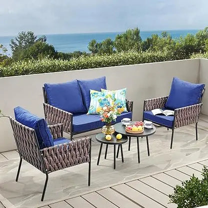 4-Piece Patio Furniture Set, Wider Outdoor Metal Seating Sofa with High Back & Loveseat, Coffee Table