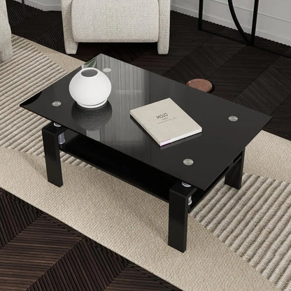 Clear Glass Coffee Table Metal Tube (All-Black)