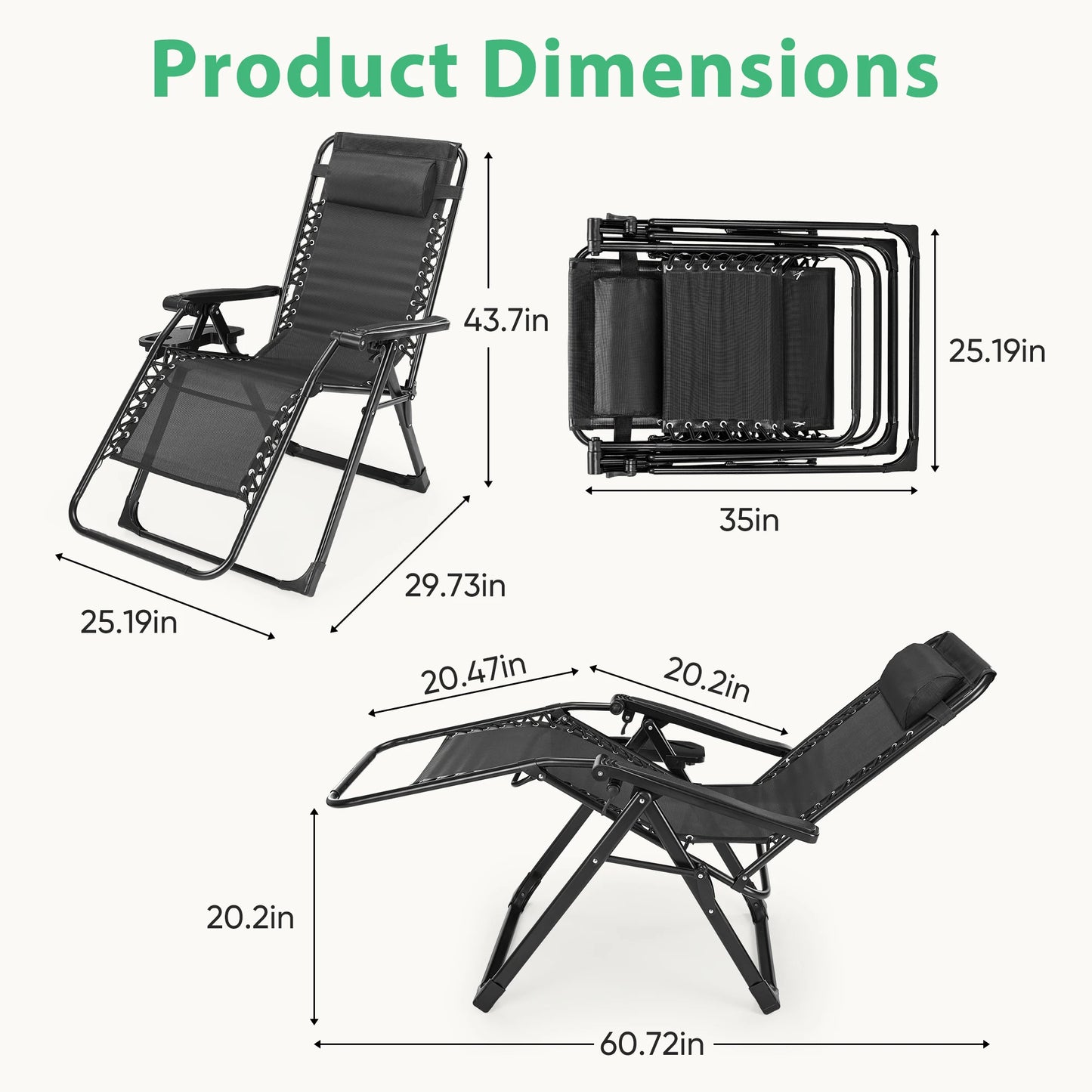 JHK Zero Gravity Recliner Camping Patio Lounge Chair  with Cup Holder  Removable Cushion For Outdoor Garden