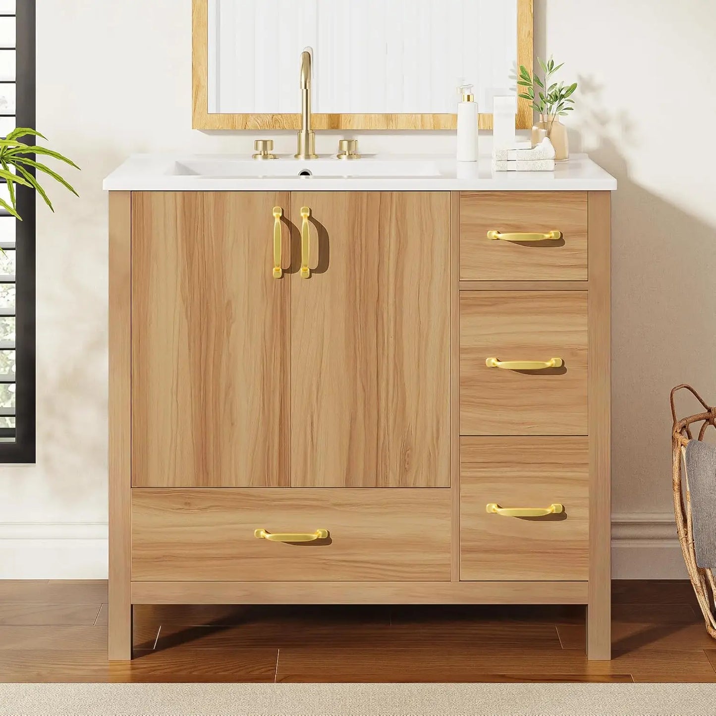 36in Wood Bathroom Vanity with Sink 3 Drawer Storage Adjustable Shelf Natural, Customized,  6 different colors