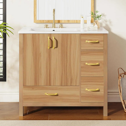 36in Wood Bathroom Vanity with Sink 3 Drawer Storage Adjustable Shelf Natural, Customized,  6 different colors