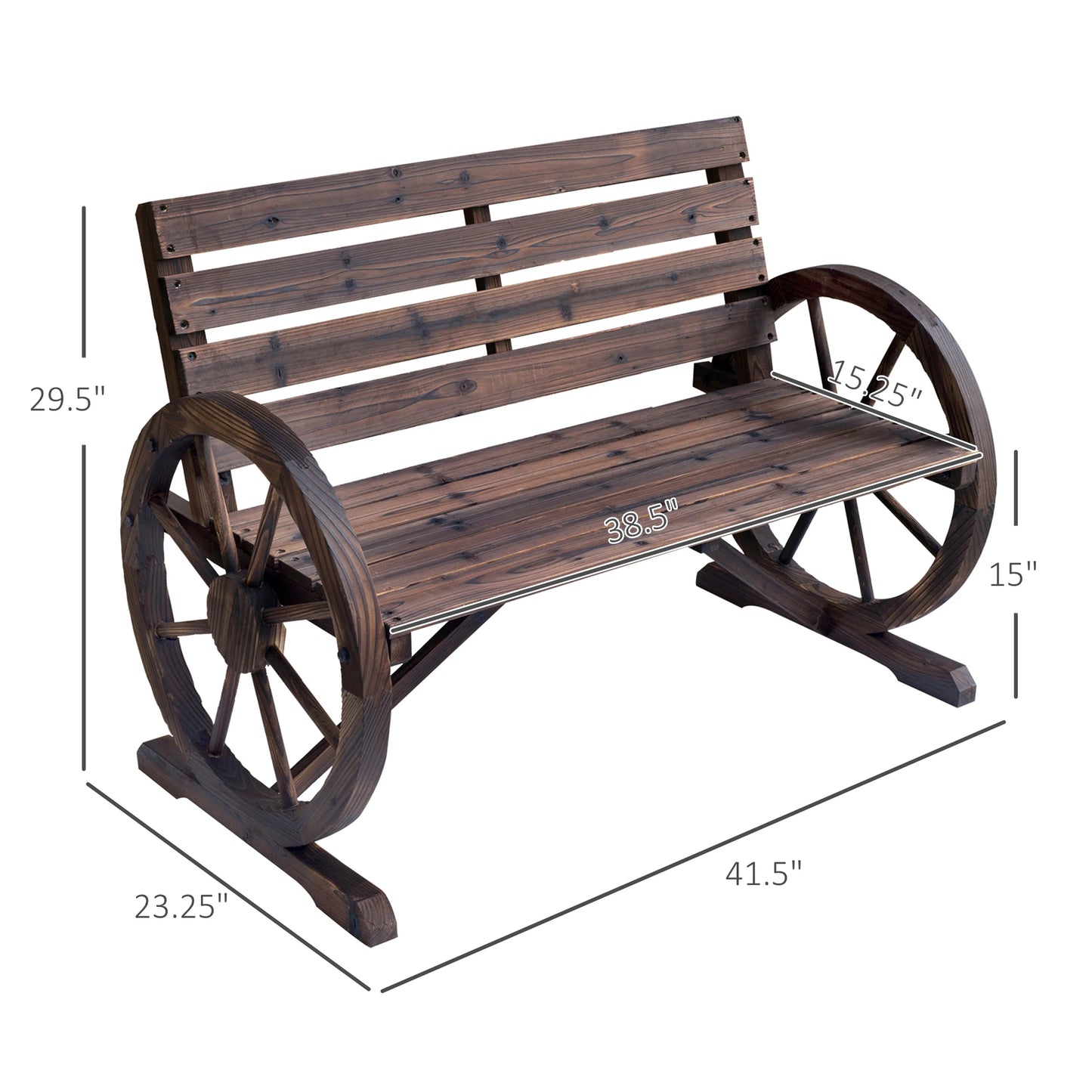 Outdoor Rustic Fir Wood Bench with Wagon Wheel Armrests Weather Resistant 550 Lbs Capacity 2 Seater