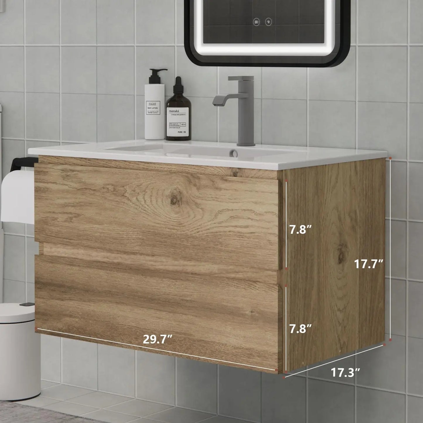 30" Space-Saving Floating Bathroom Vanity with Sink, 2 Soft-Close Drawers Modern Bathrooms