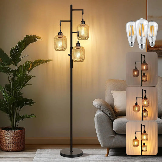 Dimmable Boho Floor Lamp - 3 Light Farmhouse Rattan Design for Living Roomp