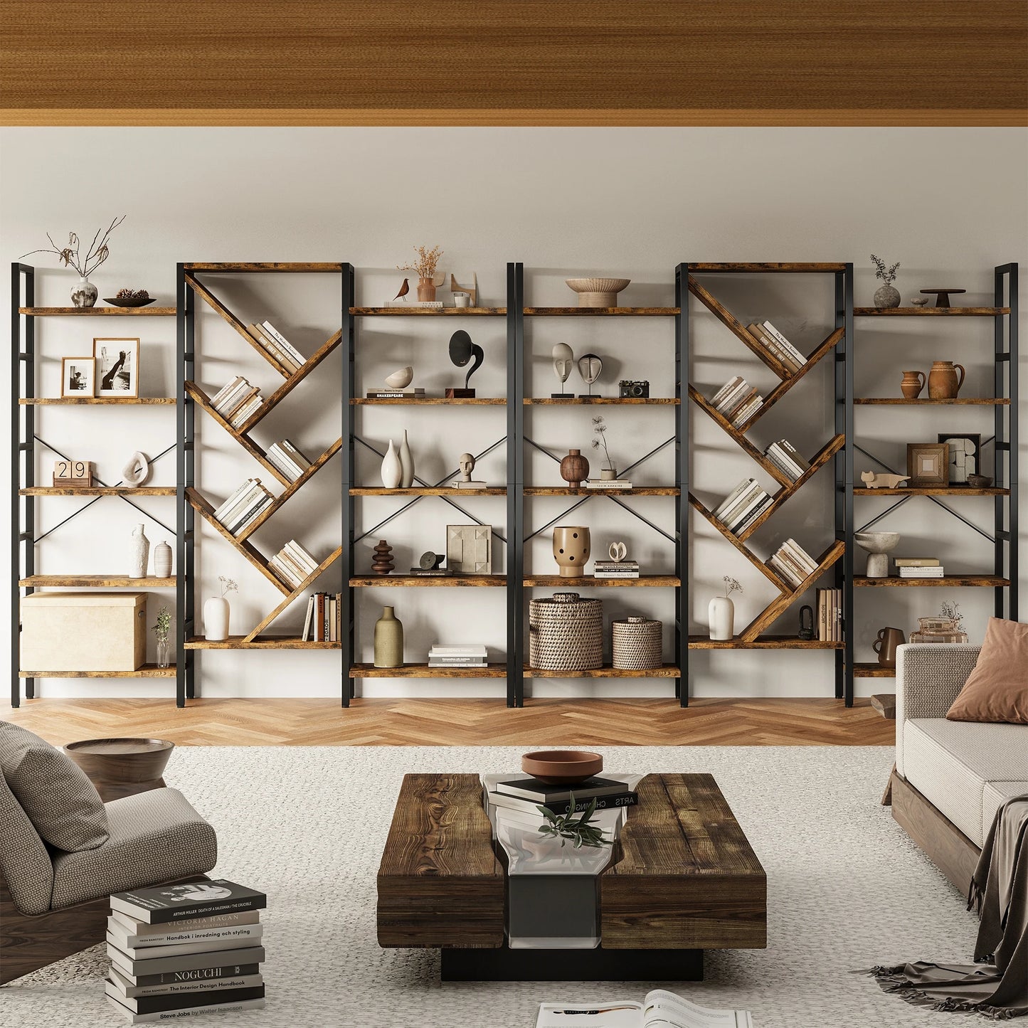 Triple 5 Tier Bookshelf, Large Wooden Bookcase with 17 Open Display Shelves Metal Frame