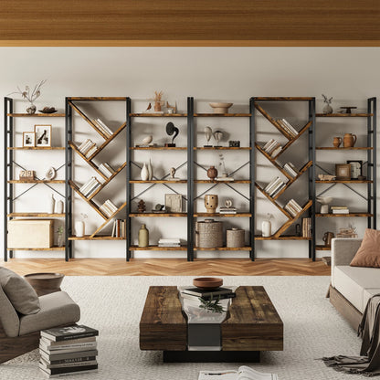 Triple 5 Tier Bookshelf, Large Wooden Bookcase with 17 Open Display Shelves Metal Frame