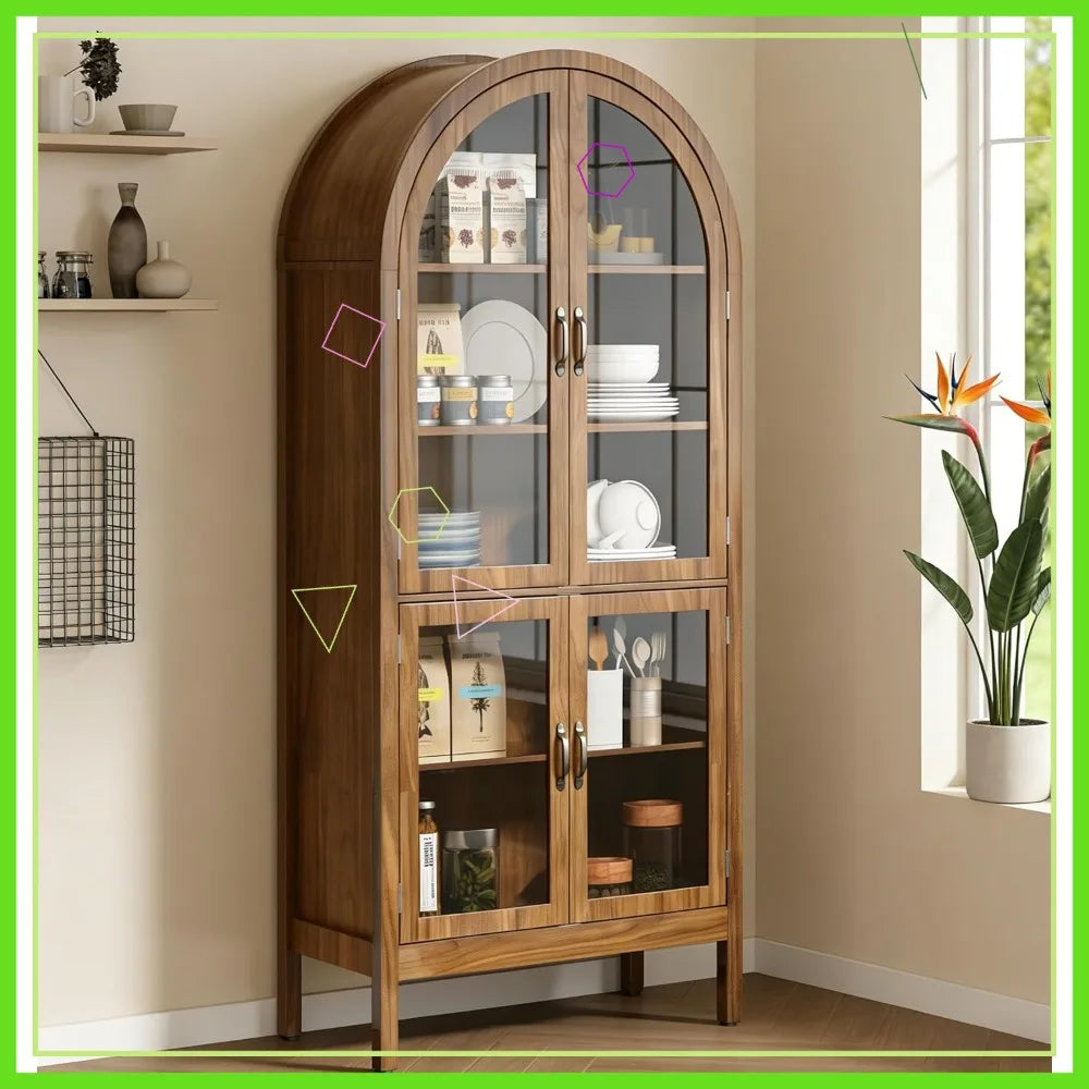 70.9'' Arched Kitchen Pantry Cabinet with Acrylic Glass Doors, 5-Tier Shelves, Walnut Finish