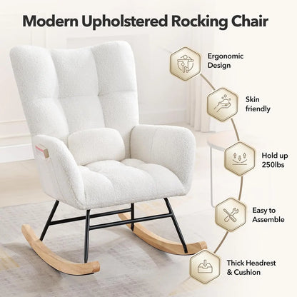 Modern Upholstered Nursery Rocking Chairs, with Side Pocket High Back Teddy Boucle  4 colors