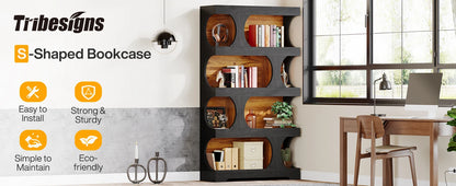 Tribesigns 71" Tall Bookcase, 4-Tier S-Shaped Bookshelf, Wood Modern Freestanding Display Shelves