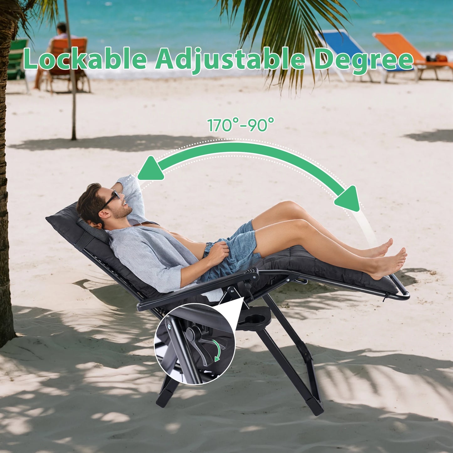 JHK Zero Gravity Set of 2 Portable Recliner  Outdoor Garden Lounge Chair with Cup Holder