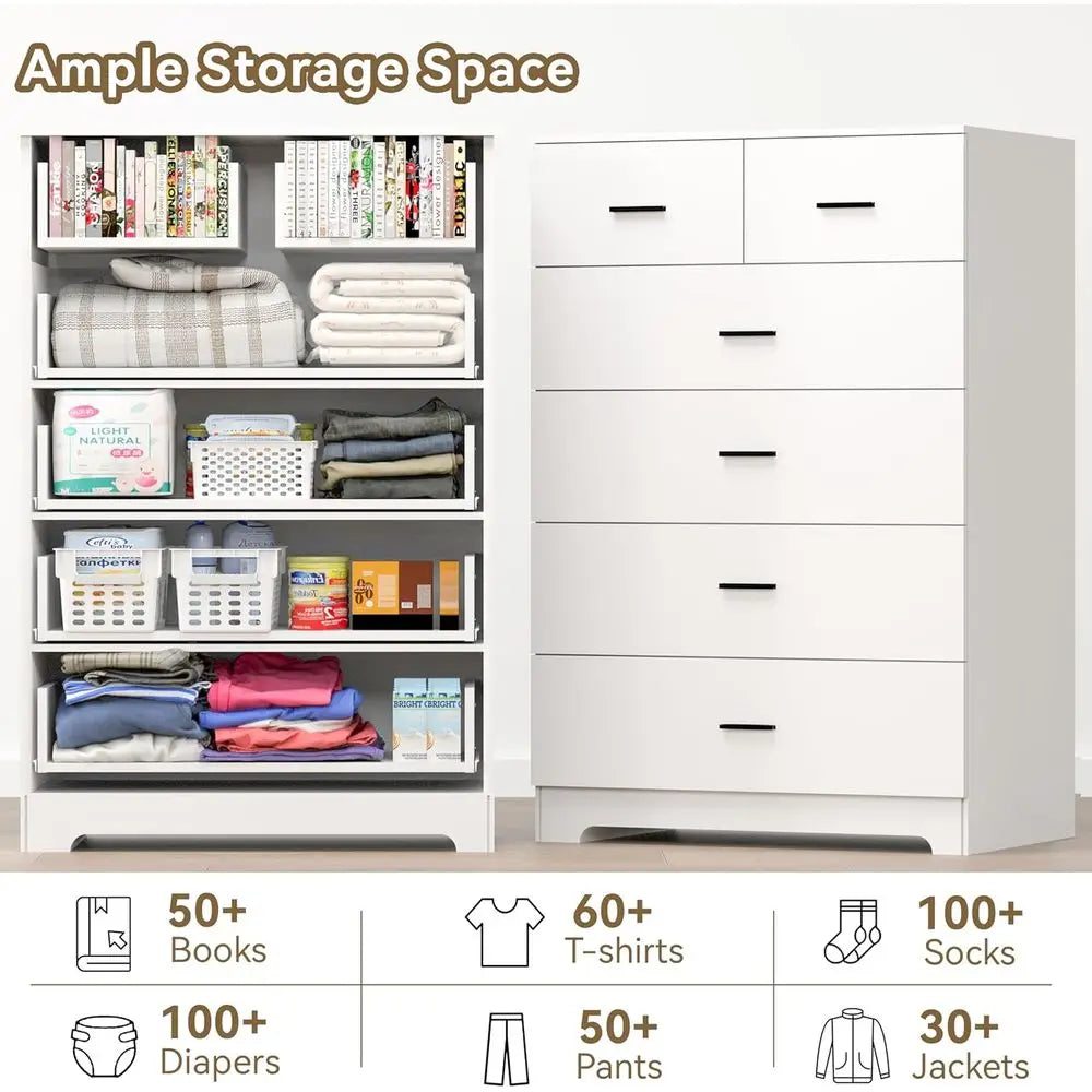 Wooden 6-Drawer Cabinet with Power Outlets and Large White Storage Organizer for Closets, Bedrooms, and Hallways