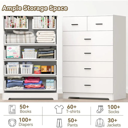 Wooden 6-Drawer Cabinet with Power Outlets and Large White Storage Organizer for Closets, Bedrooms, and Hallways