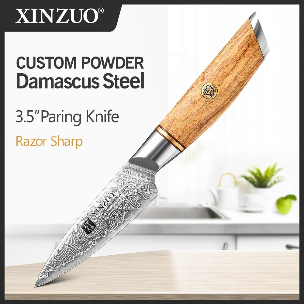 XINZUO 1-8pcs Kitchen Knife Set 73 Layers Custom Damascus Steel  with Olive Wood Handle
