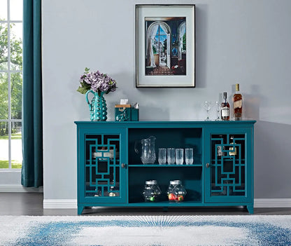 60”W Blue Console Table  Wood Sideboard with Adjustable Shelves and Doors,