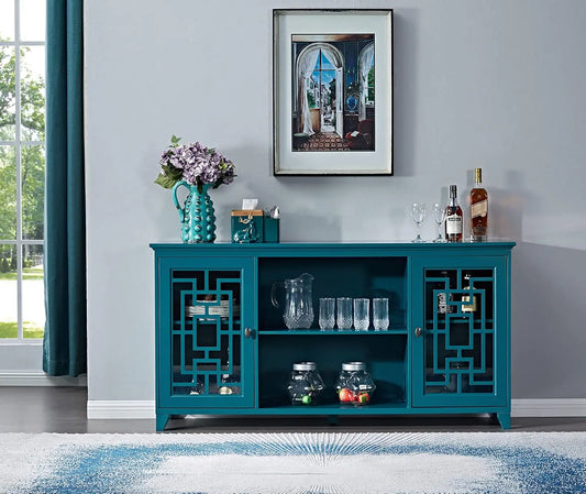 60”W Blue Console Table  Wood Sideboard with Adjustable Shelves and Doors,