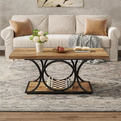47" Rustic Farmhouse Coffee Table - 2-Tier Wooden Rectangle Center Table